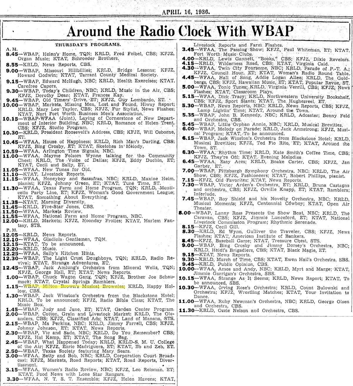 milton brown radio listing