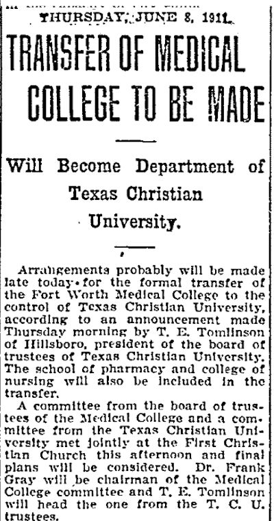 medical colleget to tcu 1911