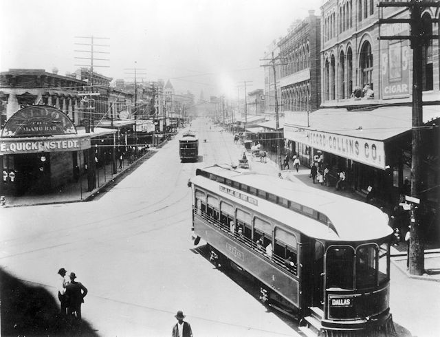 Interurban trolley cars in downtown Fort Worth, corner of Lancaster and Main Sts., ca. early 1920s